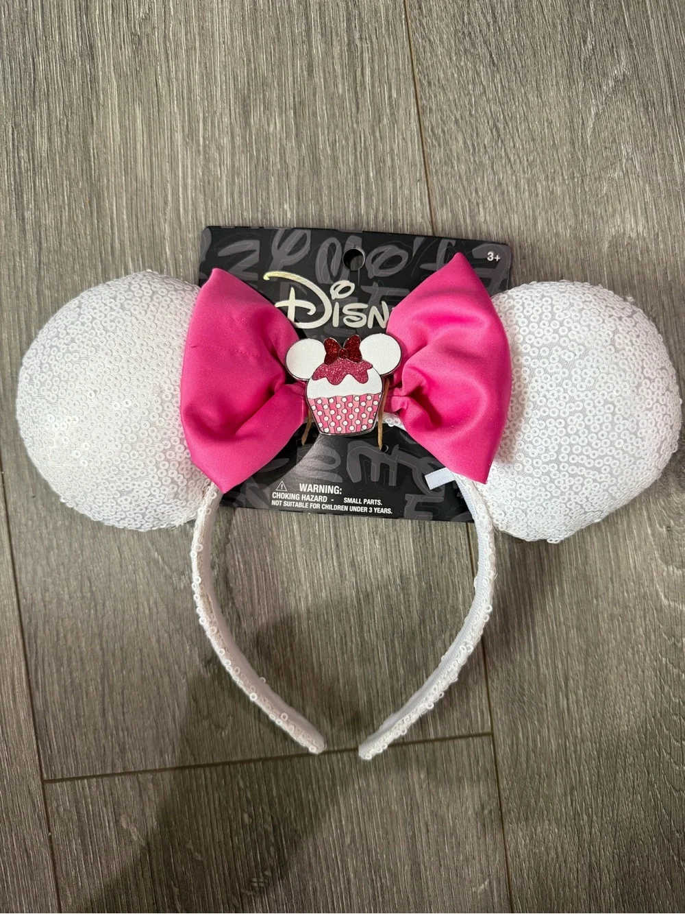 Disney White Sequin Minnie Ears Headband with Hot Pink Cupcake Bow